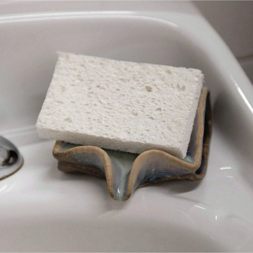Stoneware Ceramic Sponge Holder & Soap Dish with Drip Spout Glazed